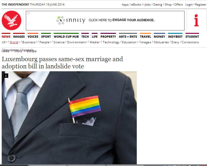 盧森堡正式成為第17個通過同性婚姻法的國家。圖片來源：翻攝自《獨立報》官方網站。   