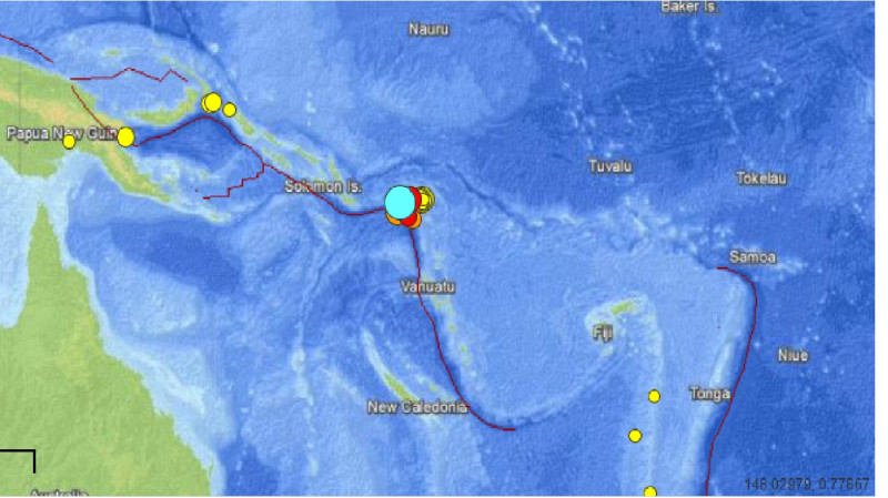 位於南太平洋的島國所羅門群島，於台灣時間今（6）日上午9時12分左右發生芮氏規模8.0的強震。圖：翻攝自USGS網站   