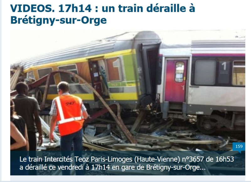 法國1列列車在當地時間12日下午5點左右，在通過首都巴黎南方約25公里處的奧爾日河畔布雷蒂尼(Bretigny-sur-Orge)車站時出軌撞擊月台，目前已釀成6人死亡。圖：翻攝自巴黎人日報網站   