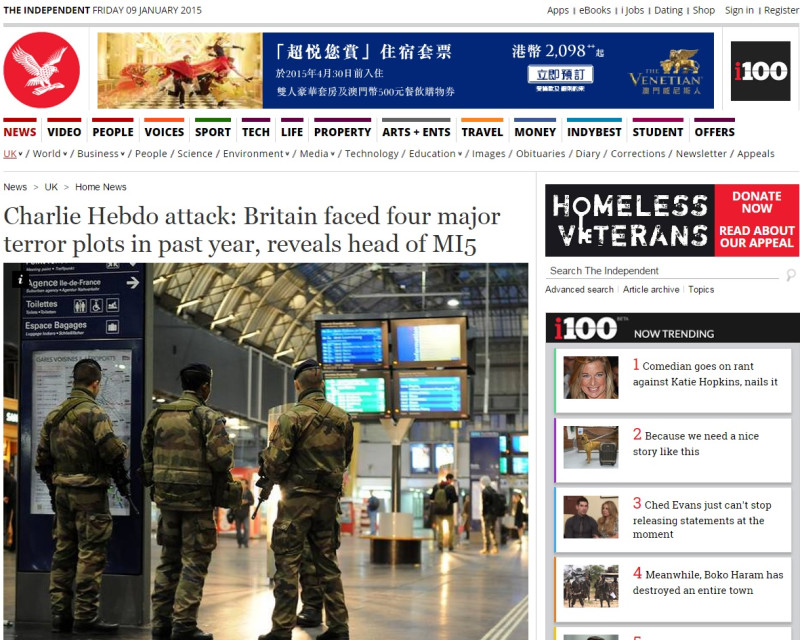 英國《獨立報》(The Independent)於台灣時間今(9)日清晨報導，伊斯蘭極端份子的致命威脅正以前所未見的比例增高。圖片來源：翻攝自《獨立報》官方網站。   
