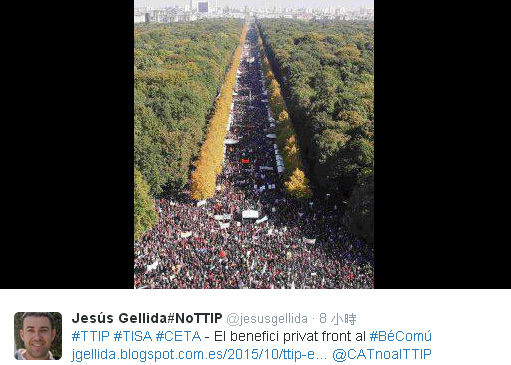 民間團體發起國際「STOP TTIP」串聯活動，上周未有15萬德國人走上柏林街頭，聲勢驚人。圖：翻攝STOP TTIP組織臉書   