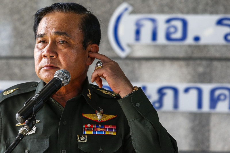 泰國軍方在宣布實施戒嚴令2天後正式奪取政權，泰國陸軍總司令帕拉育(Prayuth Chan-ocha)今天還自任代理總理。圖片來源：達志影像/路透社   