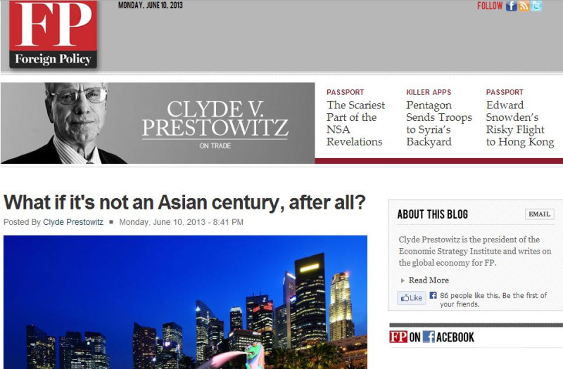 普雷斯托維茨在結論中追問：這像是1個西方人必須迫切面對的「亞洲世紀」嗎？圖片來源：「外交政策」(Foreign Policy)部落格。   