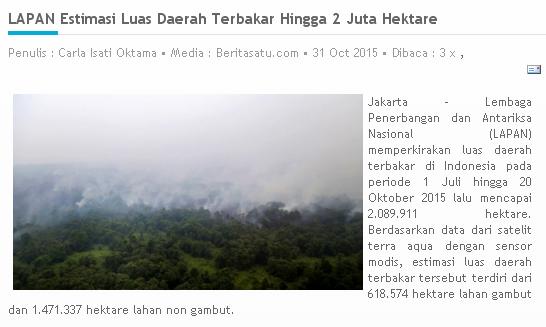 從6月以來，印尼森林火災延燒4個月，被焚毀的林地總面積超過200萬公頃。圖：翻攝印尼國家太空與航空署   