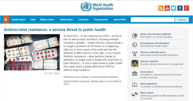 世界衛生組織(WHO)發表了《抗菌素抗藥：全球監測報告》，首次檢視全球抗生素耐藥性，警告世界將可能邁向「後抗生素時代」。圖片來源：翻攝自世界衛生組織。   