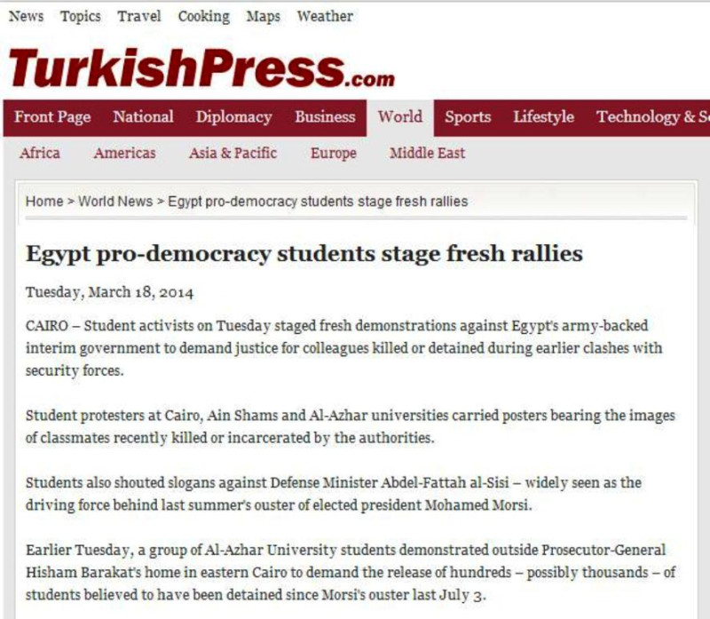 《土耳其新聞》(Turkish Press)在台灣時間今天凌晨發出的1則報導指出，埃及大學生正在發動新1波的示威遊行。圖片來源：翻攝《土耳其新聞》官方網站。   