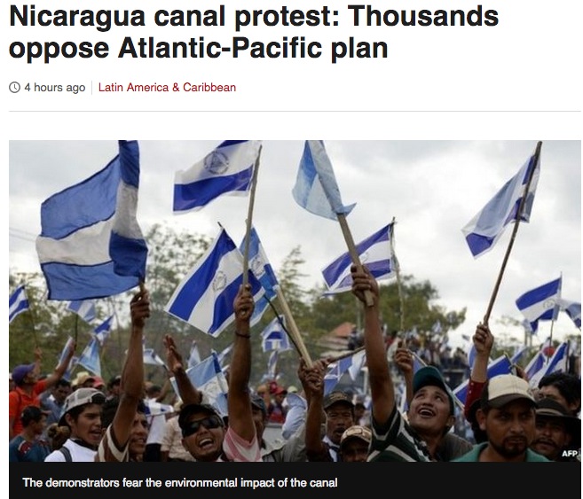 尼加拉瓜14日有超過一千人上街抗議，反對當局計劃興建由中國出資、連通太平洋和大西洋的新運河。圖：翻攝自BBC網站   