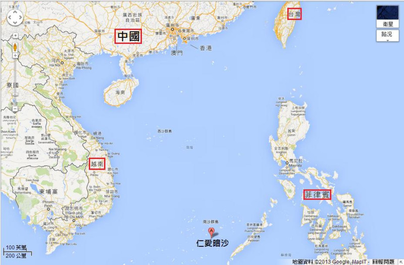 中國要求菲律賓自實質有效掌控的南海南沙群島仁愛暗沙(菲律賓稱「阿雲金暗沙」(Ayungin Reef)，中國稱「仁愛礁」)撤退。圖片來源：Google Map，新頭殼後製。   
