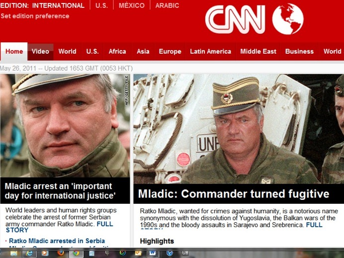 波士尼亞戰犯穆拉迪奇落網後，世界各國主要媒體紛紛以頭版加以報導。（資料來源：CNN網站）   