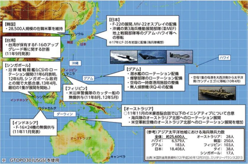美國戰鬥機和轟炸機將沿著日本到印度這條弧線佈署，涵蓋中國全部海域。圖片2-2來源：日本防衛省2013年防衛白皮書。   