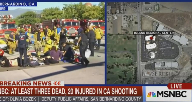 美國加州的聖貝納迪諾身障中心發生槍擊案，死傷慘重，救護車來回穿梭，警方全力緝兇。圖：翻攝MSNBC   