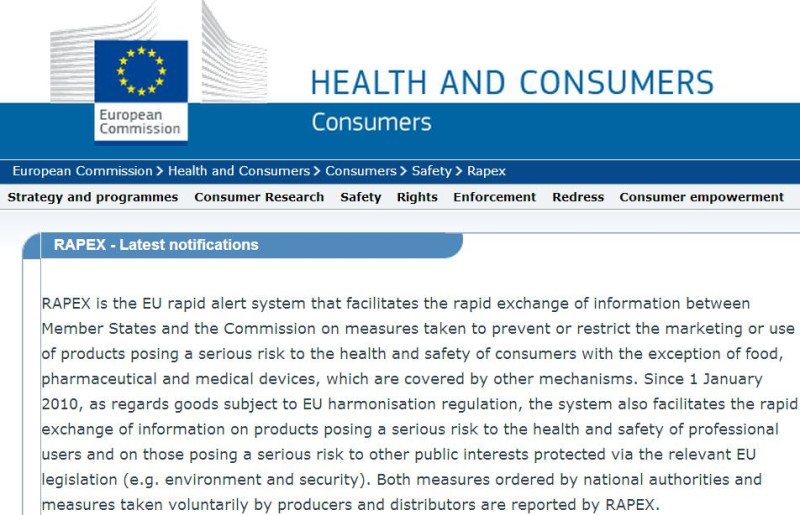 歐盟委員會非食品類快速預警系統(RAPEX)是歐盟為保障消費者健康與安全的訊息通報系統。圖片來源：歐盟官方網站。   