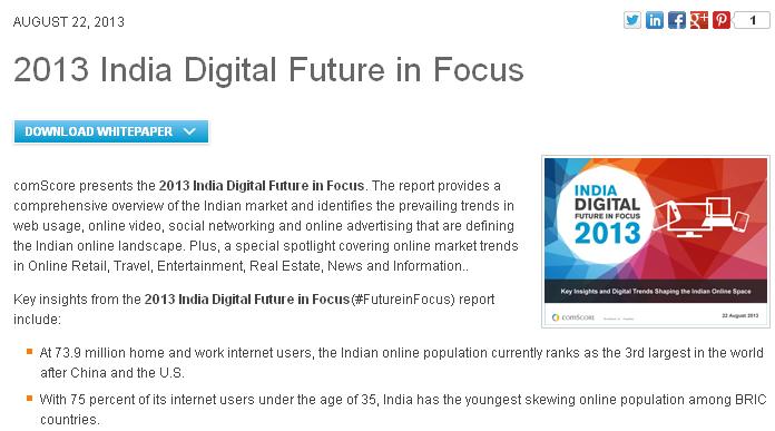 根據全球數位測量與分析公司comScore的1篇報告「2013年印度數位未來焦點」(2013 India Digital Future Focus)，印度目前有將近7千4百萬名網路用戶，擠下日本，成為全球第3大網路國。圖：翻攝自comscore網站   