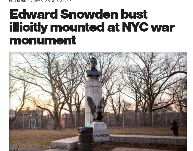 紐約布魯克林公園內突然出現1座史諾登雕像。圖：翻攝CBS NEWS   