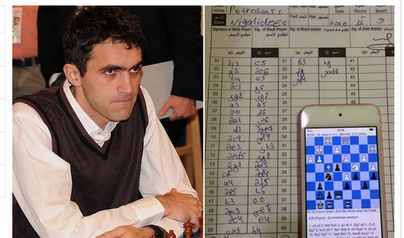25歲伊朗籍國際象棋冠軍蓋歐‧尼加利茲當場被抓到用iPhone手機作弊。圖：翻攝網路   
