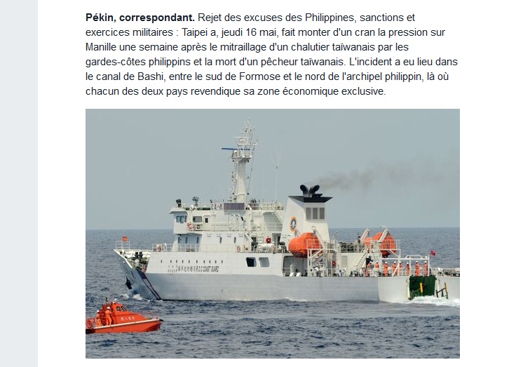 台灣漁民遭菲律賓軍方開槍殺害一事，讓雙方衝突愈演愈烈，連法國重要媒體《世界報》也進行了完整報導。圖：翻攝自《世界報》網站   