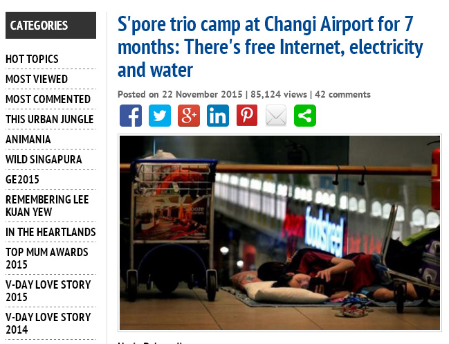 新加坡1對情侶為了免費水電及無線網路，把樟宜機場當家住。圖：翻攝stomp網站   