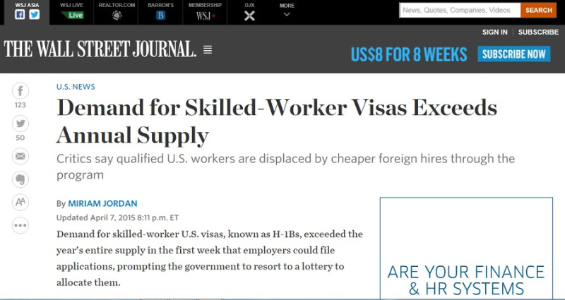 《華爾街日報》8日報導，美國技術勞工簽證（H-1B）開放申請首周便就已超過全年8.5萬配額。圖：翻攝網路   