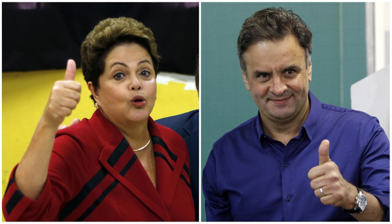 巴西總統大選首輪投票，當地時間5日正式展開。根據首輪開票結果，由現任總統羅賽夫（左），以及立場中間偏右的社會民主黨參選人尼佛斯（右）勝出。圖片來源：達志影像/路透社   