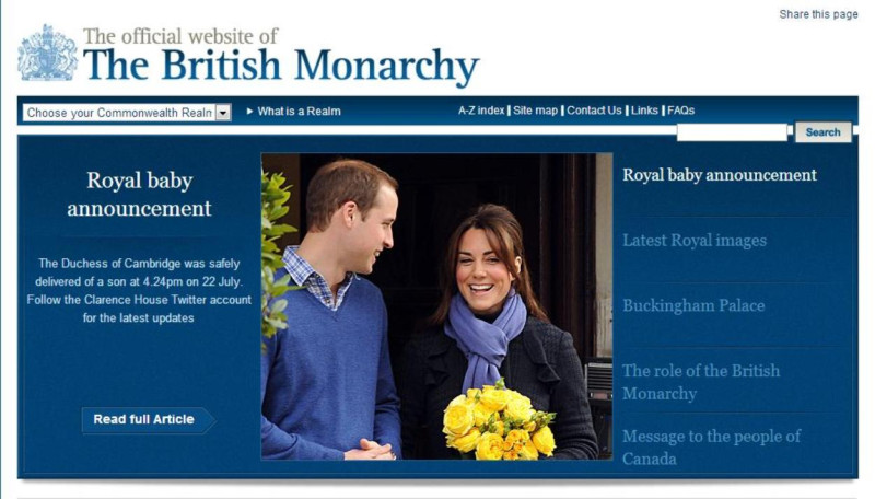 凱特王妃於倫敦時間今(22)日下午4點24分在倫敦聖瑪麗醫院林多私人分院，順利生下王室男寶寶，威廉王子全程陪伴。圖片來源：英國王室官方網站。   