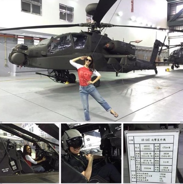 藝人李蒨蓉上月29日在臉書上傳與陸軍AH-64E阿帕契直升機合照，引發爭議。圖：翻攝自李蒨蓉臉書。   