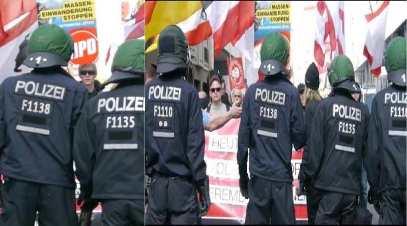 謝長廷在臉書貼出2張德國鎮暴警察的服裝，明顯標註號碼。圖：翻攝謝長廷臉書   