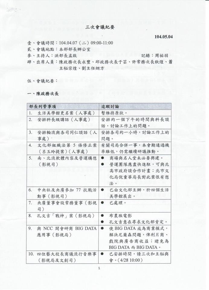 民進黨立委段宜康11日下午在臉書出示一份文件批文化部長洪孟啟公然說謊。圖為文件第1張。圖：翻攝段宜康臉書   