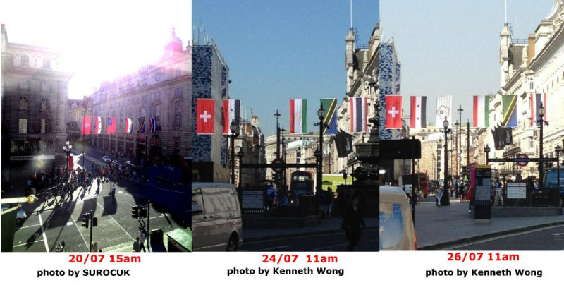 英國倫敦攝政街20日起高掛206面奧運參賽國國旗，其中台灣國旗就一波三折，先是掛青天白日滿地紅國旗、卻在24日遭撤下，直到26日才改掛中華奧會旗。圖片來源：翻攝自Surocuk 台灣旅英學生總會臉書。   