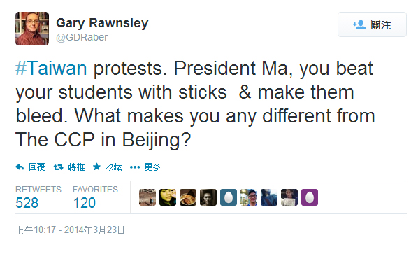 英國亞伯大學教授Gary Rawnsley譴責總統馬英九讓學生受傷，作為與共產黨無異。圖：翻攝自網路。   