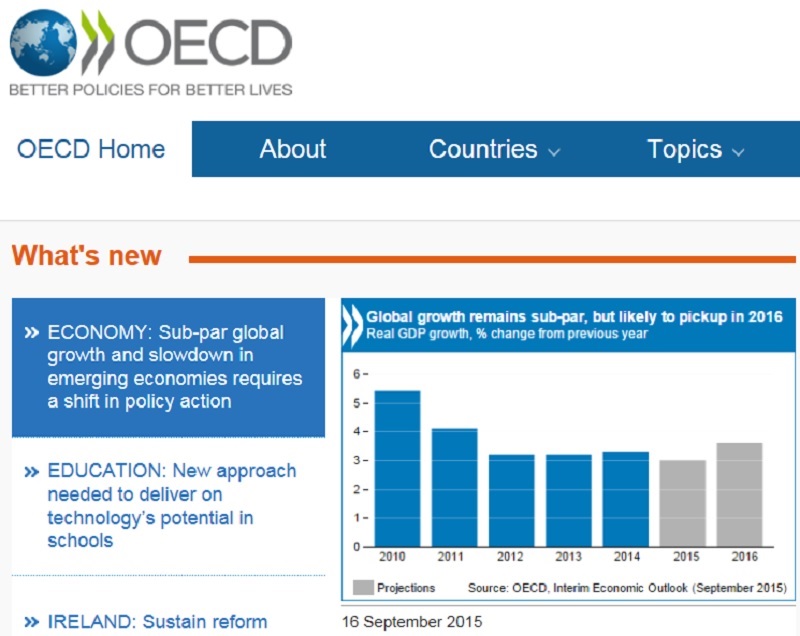 經濟合作與發展組織(OECD)週三將2015年全球經濟成長預測下調至3％，2016年則下調至3.6％。圖：翻攝自OECD官網   