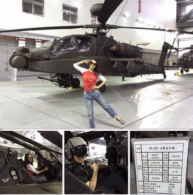 藝人李蒨蓉3月29日在臉書上傳與陸軍AH-64E阿帕契直升機合照，引發爭議。圖：翻攝自李蒨蓉臉書。   