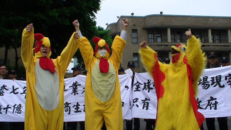 台灣動物社會研究會穿戴雞造型服裝，於行政院前要求各部會即刻執行「傳統市場、聯時攤販集中場禁宰家禽」政策。   