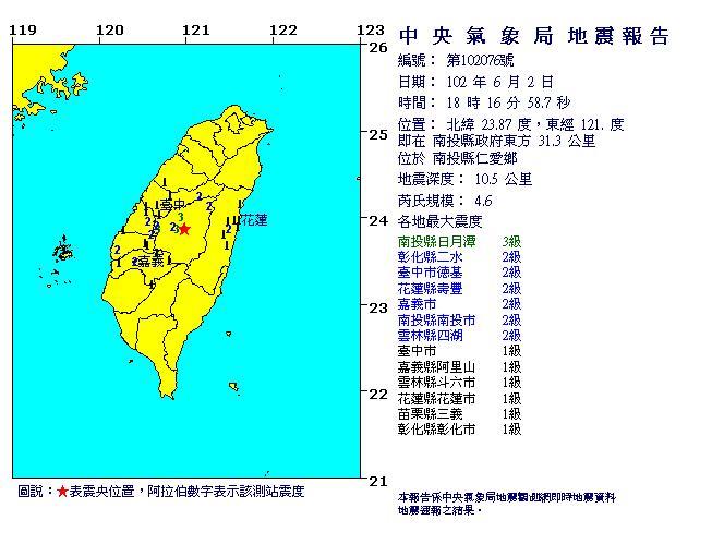 今(8)日凌晨12點38分在花蓮東方海域發生芮氏規模6.2有感地震。圖片來源：中央氣象局   