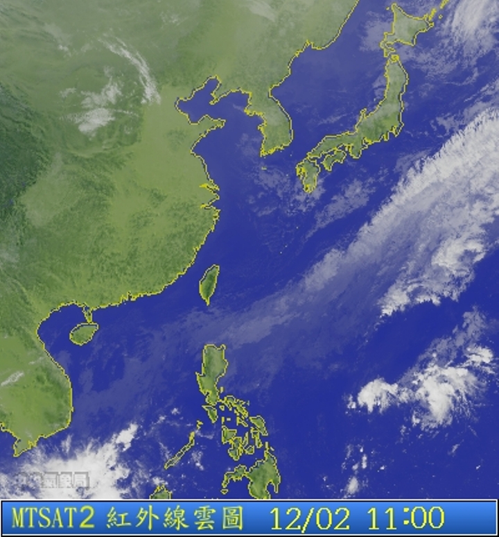 圖為12/02 11:00台灣的衛星雲圖。圖片來源：中央氣象局。   