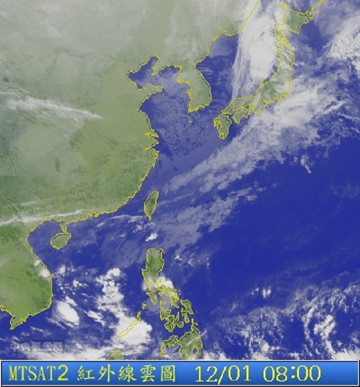 圖為12/01 8:00衛星雲圖。圖片來源：中央氣象局。   