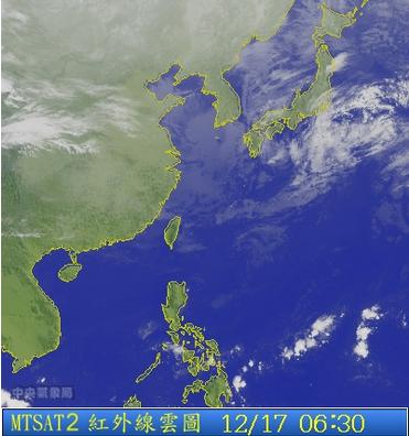 週三前各地雲量增加，降雨的機會增高，溫度也會下降，請務必注意保暖。圖為12/17 06:30台灣的衛星雲圖。圖片來源：中央氣象局   