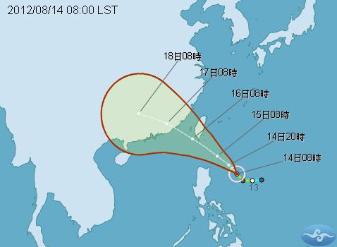 中央氣象局今天說，最快下午就會針對輕颱啟德發布海上颱風警報，不排除15日也將發布陸上警報。圖片來源：翻攝自中央氣象局網站。   