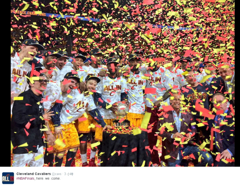 騎士以4連勝淘汰對手老鷹，獲得NBA東區冠軍。圖：翻攝自Cleveland Cavaliers推特   