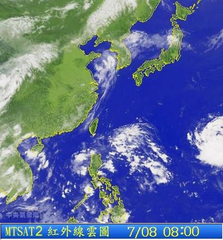 圖為7/8 8:00台灣的衛星雲圖。圖片來源：中央氣象局。   