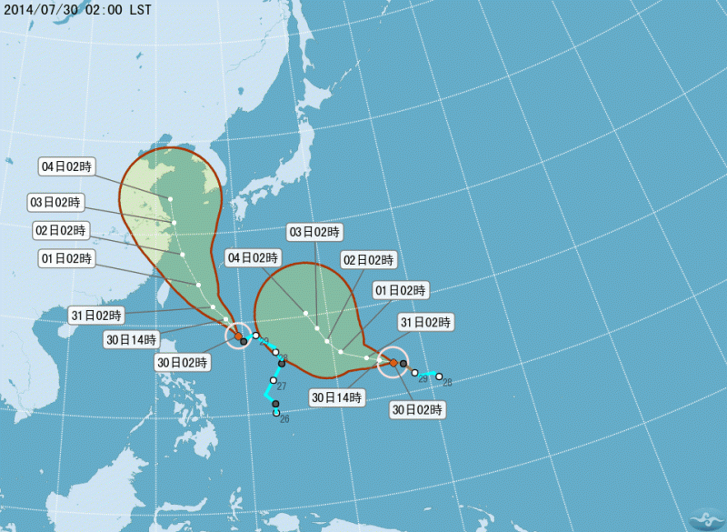 中央氣象局觀測，第12號輕度颱風娜克莉，今天凌晨形成，朝台灣東方海面接近，北部及東半部轉為短暫雨天氣，並有長浪。加上昨天才形成第11號輕度颱風哈隆，海上已有雙颱。圖片來源：中央氣象局。   