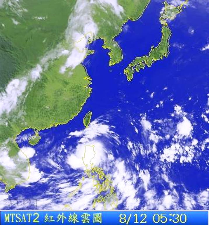 圖為8/12 5:30台灣的衛星雲圖。圖片來源：中央氣象局。   