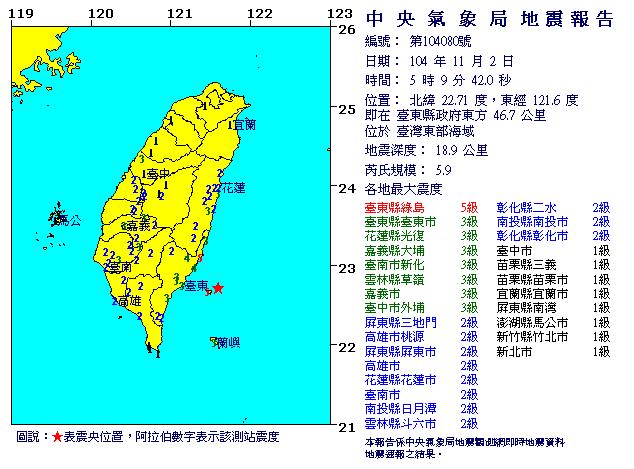 2日清晨5時09分，台灣東部海面46.7公里發生規模芮氏5.9地震，綠島震度5級。圖：翻攝中央氣象局   