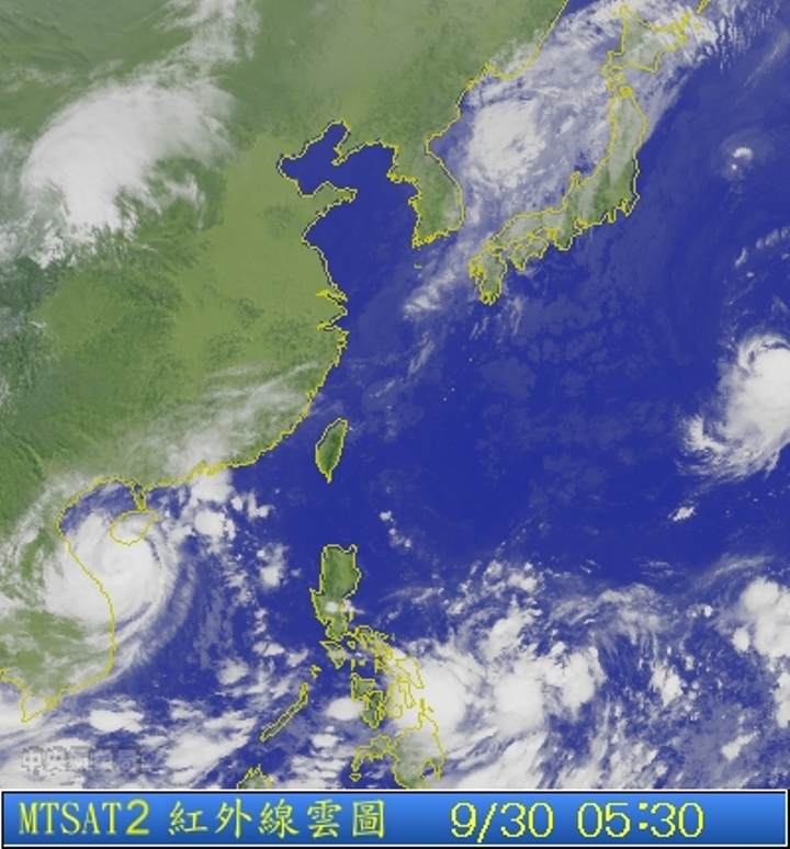 圖為9/30 5:30台灣的衛星雲圖。圖片來源：中央氣象局。   