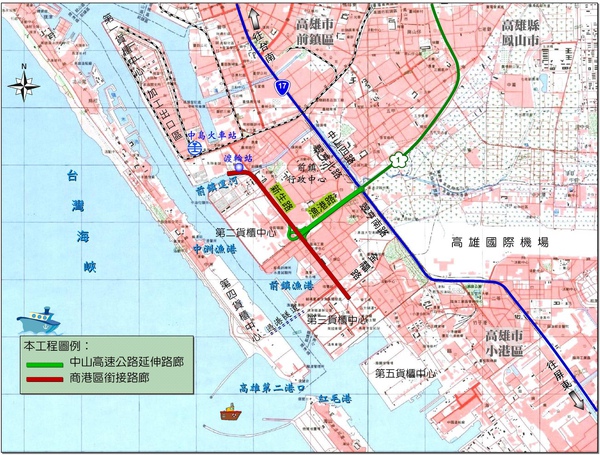 高雄港聯外高架道路工程已開工，預計大部份路段可於103年完工。未來可望疏解高雄港區混亂的交通情況。圖片：翁嫆琄/攝。   