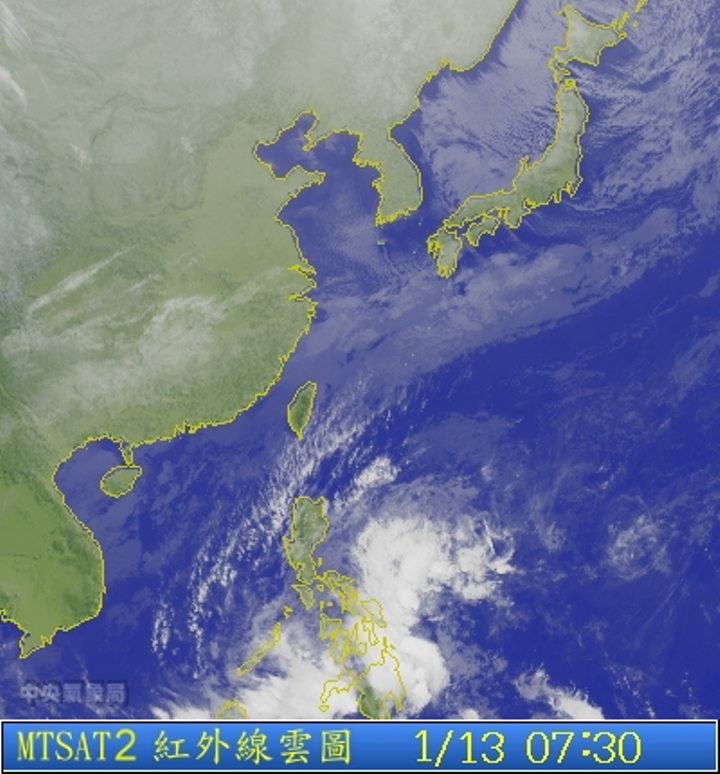 圖為1/13 7:30台灣的衛星雲圖。圖片來源：中央氣象局。   