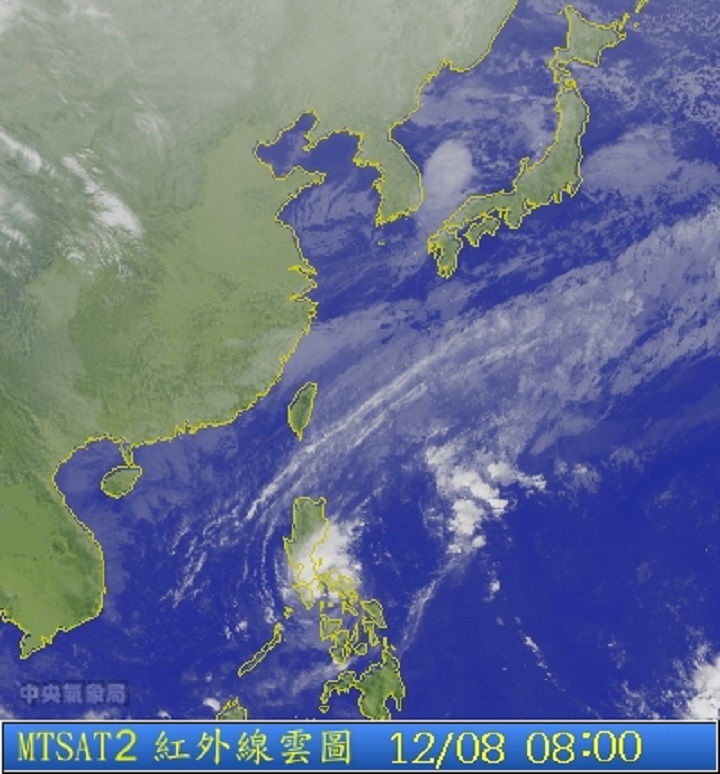 圖為12/08 8:00衛星雲圖。圖片來源：中央氣象局。   