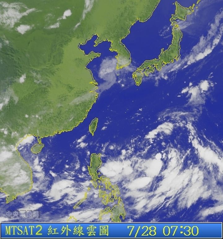 圖為7/28 7:30台灣的衛星雲圖。圖片來源：中央氣象局。   