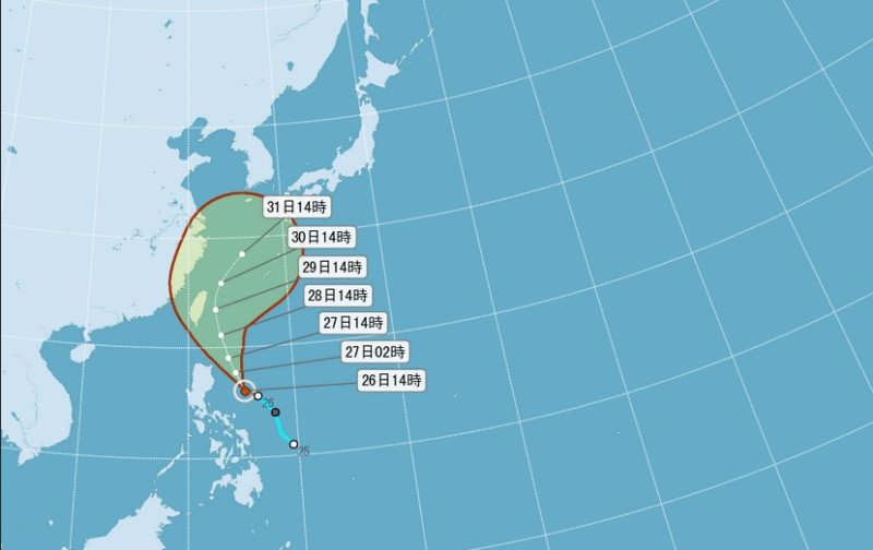 中央氣象局今（26）日表示，原位於菲律賓東方海面上的熱帶性低氣壓，已於今日下午2點增強為今年第15號颱風「康芮」（KONG-RAY）。圖：翻攝自中央氣象局   