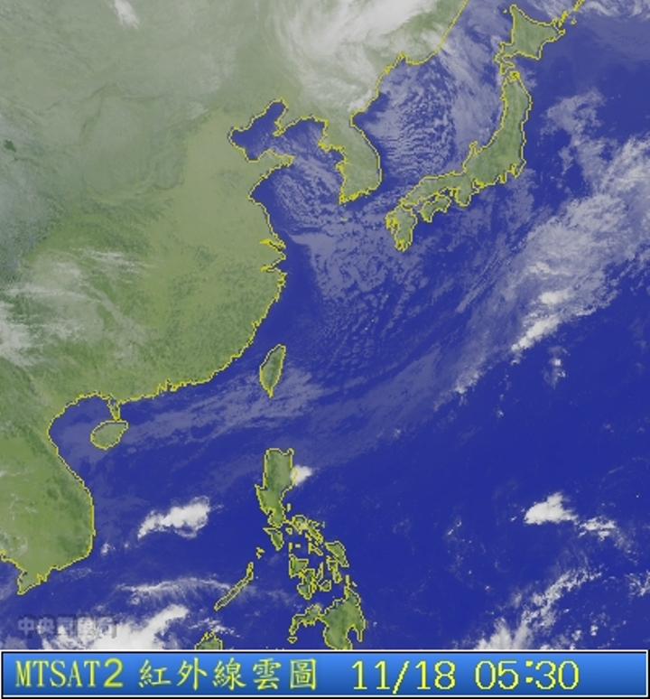 圖為11/18 5:30台灣的衛星雲圖。圖片來源：中央氣象局。   