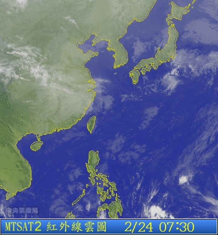 圖為2/24 7:30台灣的衛星雲圖。圖片來源：中央氣象局。   